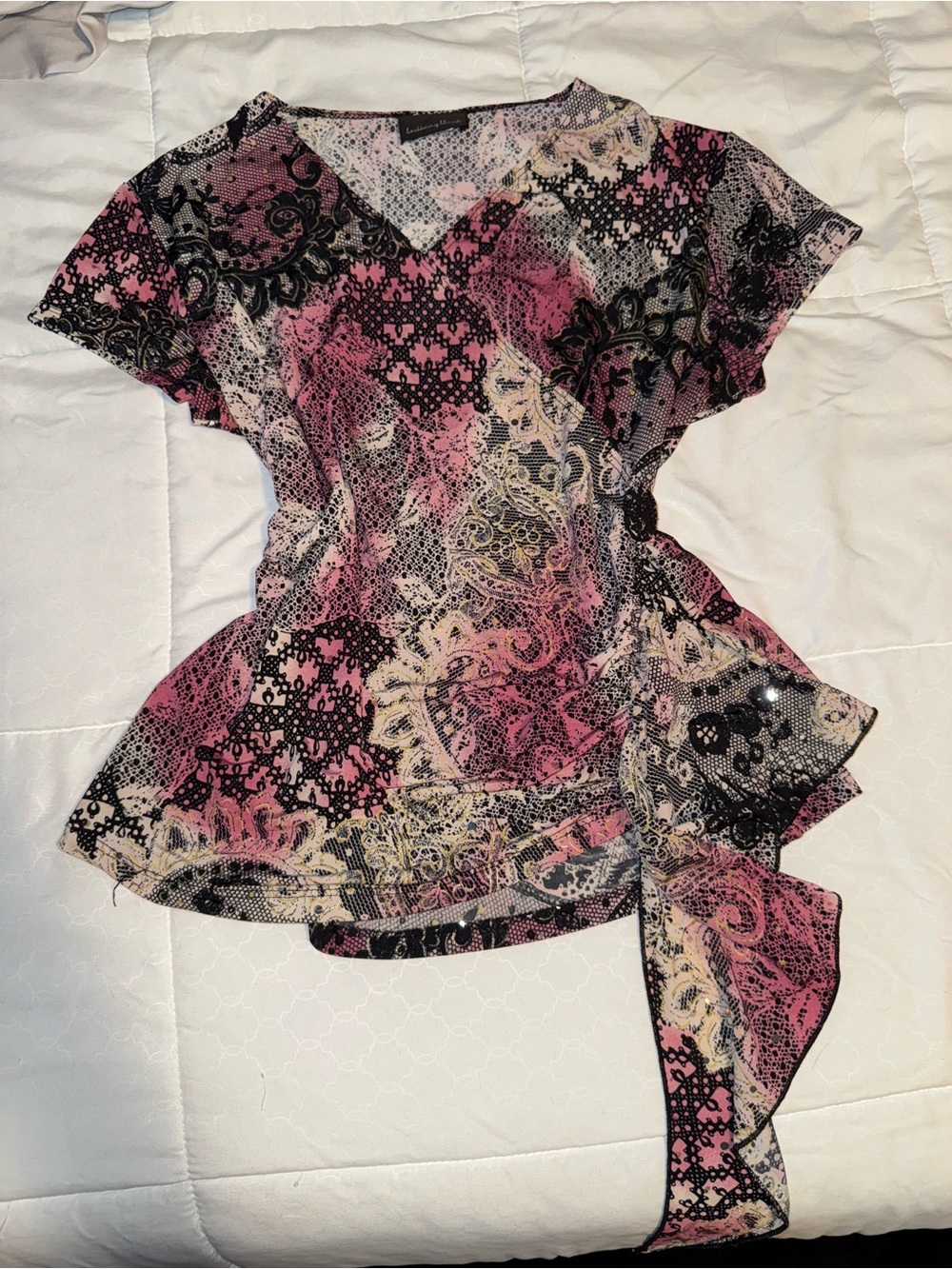 Brittany Black - Pink and Black Patterned Wrap-Style Blouse